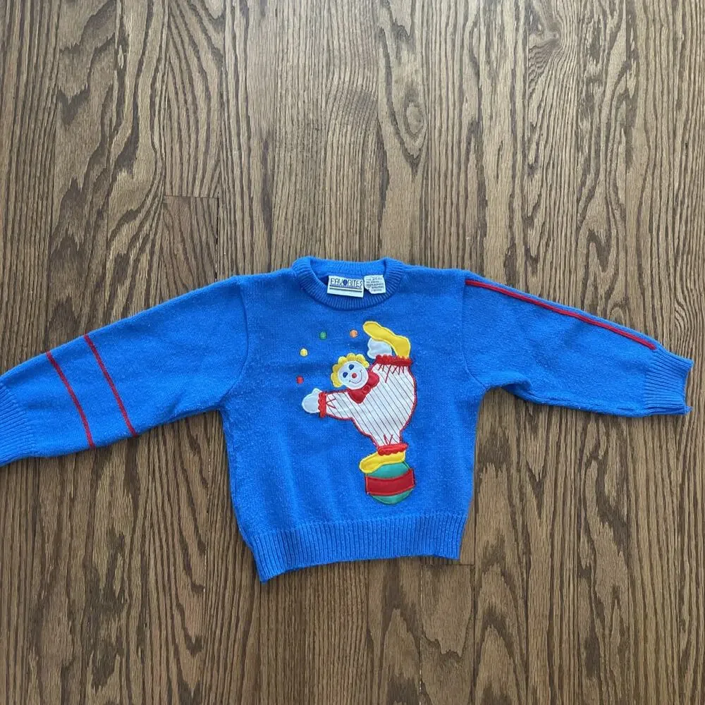 Vintage Clown Circus Sweater Knit Embroidered Baby Toddler Sz 24 Month Colorful